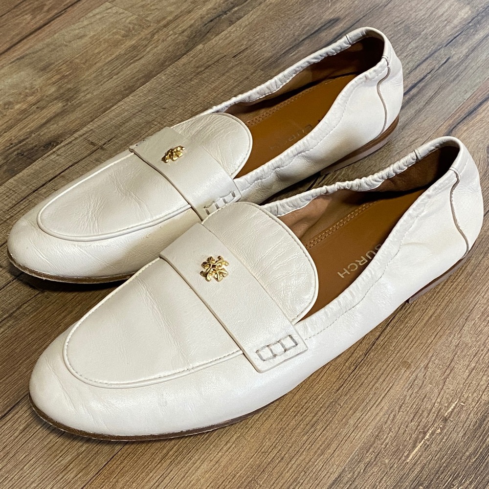 Tory Burch Jessa Loafers Off White Leather Gold Horsehead Flats Size 10.5M